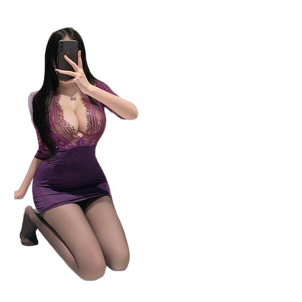 Sexy plus size lingerie set - purple ol office uniform deep v-neck sheer lace bodycon pencil skirt