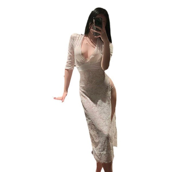 Sexy plus size lingerie set - sheer lace retro cheongsam bodycon outfit, busty air hostess costume