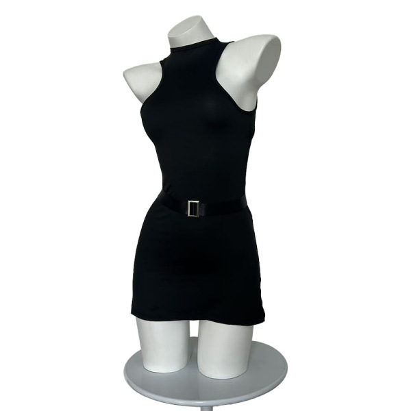 Black sleeveless mini dress with hook-neck and backless design, styled as a sexy police costume bodysuit for women.