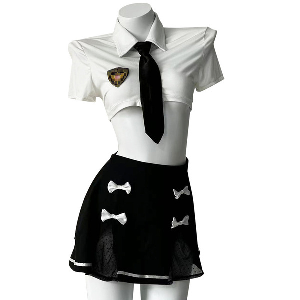 Sexy police uniform costume for women - white bodycon skirt set with waist cutout, no-remove design, perfect for playful scho...