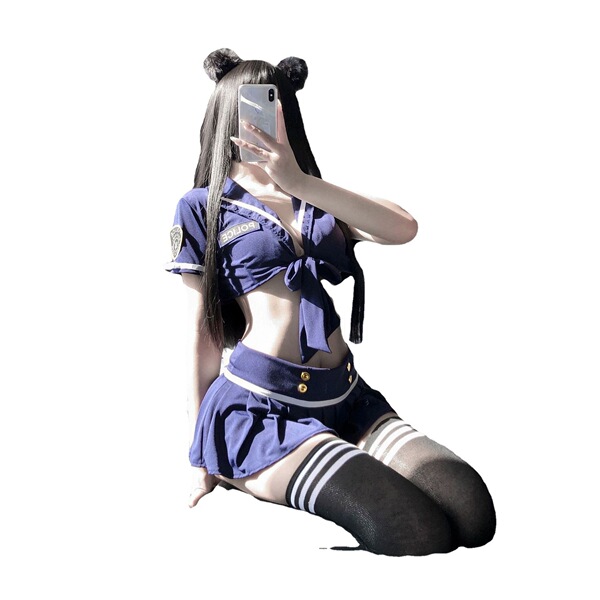Woman in sexy police uniform lingerie set with skirt, posing seductively for role play – easy-on design, stylish and bold loo...