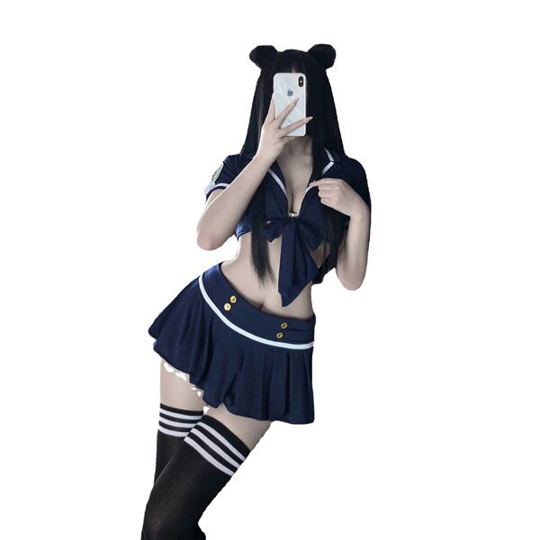 Woman in sexy police uniform lingerie set with skirt, taking selfie. seductive role play costume for women, easy-on design.