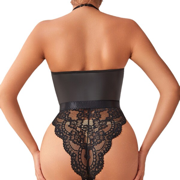 Sexy pu lace deep v neck bodysuit with intricate lace design, featuring a deep neckline and zipper closure for a bold look.