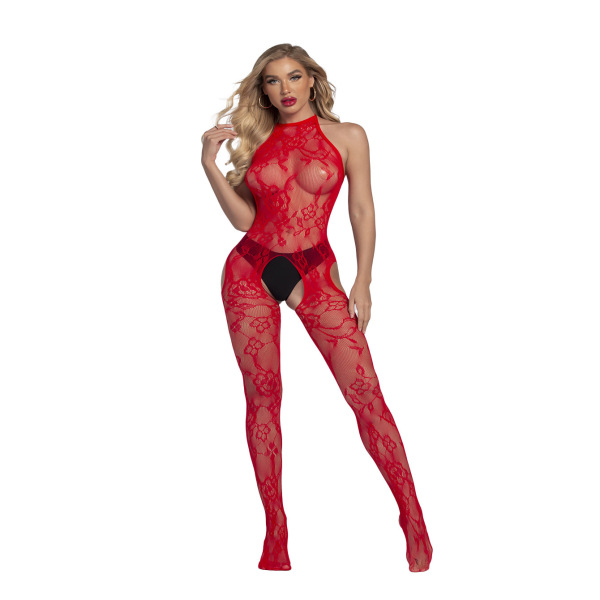 Woman modeling red floral lace sheer bodystocking with high neck and open crotch, seductive intimate lingerie.