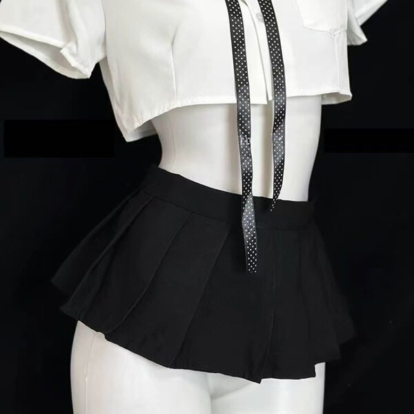 Sexy pure-yu style lingerie set featuring a short black pleated skirt paired with a white crop top, perfect for a stylish jk ...