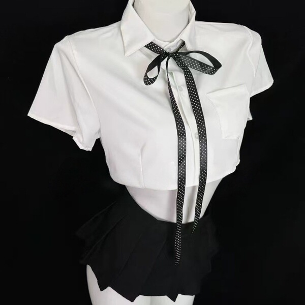 Sexy pure-yu style lingerie set featuring a white crop top with a black polka dot tie and a black pleated skirt, perfect for ...