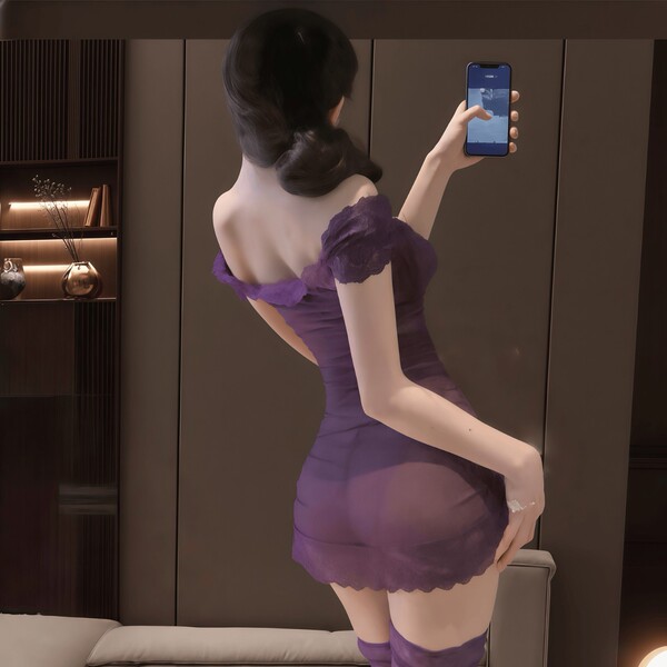 Sexy purple lace bodycon mini dress with sheer mesh and ruched design, perfect for a sultry nightclub look.