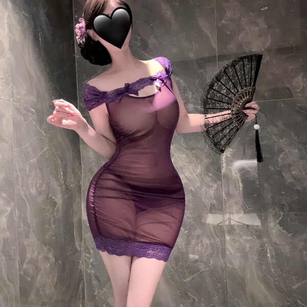 Woman wearing a sexy purple lace pencil skirt nightgown, holding a black fan. sultry sheer sleepwear set for women, plus size...