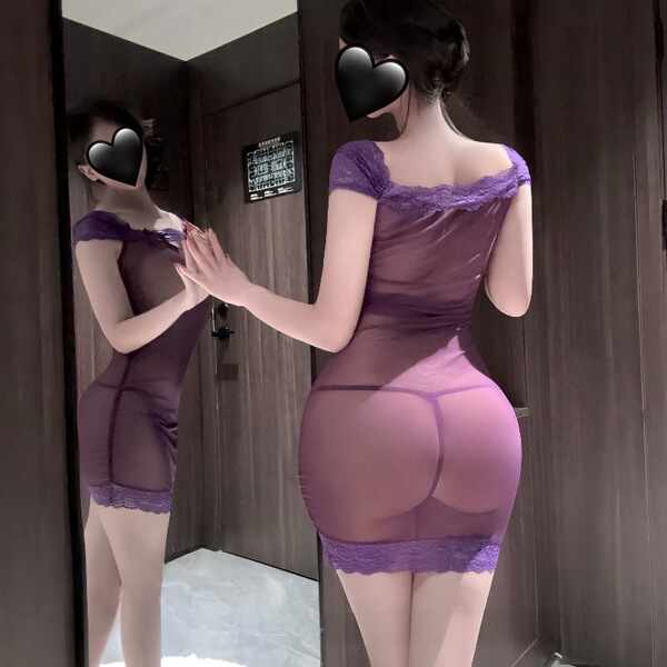 Woman in sexy purple lace pencil skirt nightgown, sheer sultry sleepwear set for women, plus size tempting lingerie.