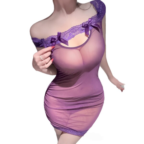 Woman wearing a sexy purple lace pencil skirt nightgown with sheer fabric and bow details, perfect for sultry sleepwear.