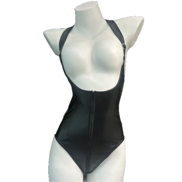 Sexy pvc bodysuit featuring adjustable straps and a lace-up design, perfect for cosplay or evening wear.