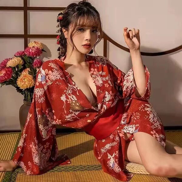 Japanese Kimono-Style Sleepwear Set – Sexy Maid Cosplay Pajamas & Robe for Women - Sexy Red [Kimono + Obeisise + T-shirt]