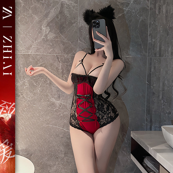 Sexy red lace bodysuit set featuring sheer fabric, vintage-themed design with ties and straps, perfect for new year eve celeb...
