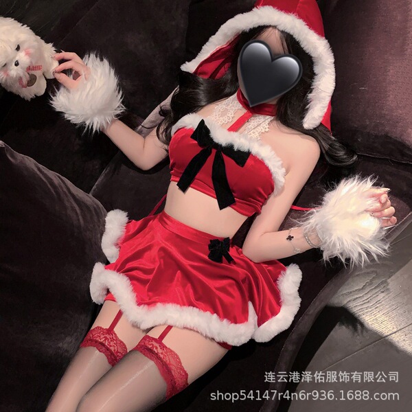 Sexy red lace christmas lingerie set featuring festive ball trim bodysuit and pencil skirt holiday sleepwear.