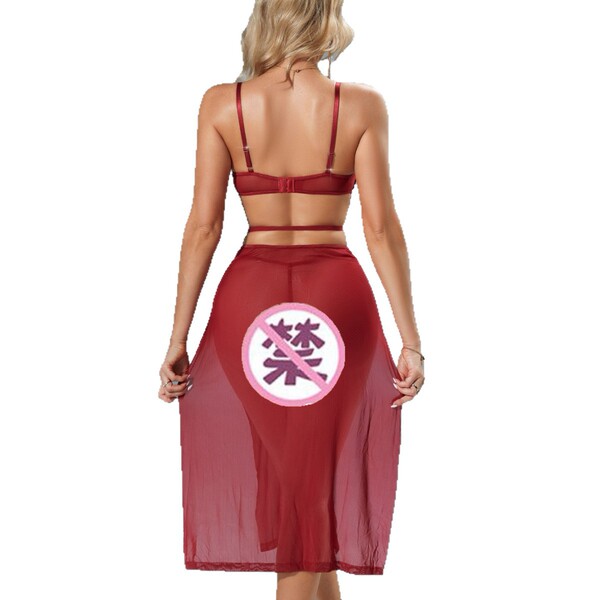 Woman wearing sexy red mesh sleep dress with sheer lace camisole, side slits, and adjustable straps – back view.