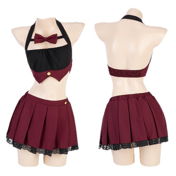 Sexy role play lingerie set - cutout strapless jk uniform skirt outfit for adults, featuring a halter top with bow tie and pl...