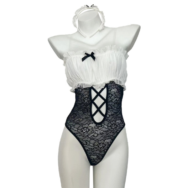 White and black maid costume lingerie set with sheer lace bodice, cross-tie back, ruffled top, and matching headpiece for wom...
