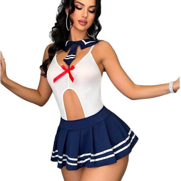 Sexy sailor costume lingerie set - cute & seductive uniform role play outfit for women featuring a white top with navy skir...
