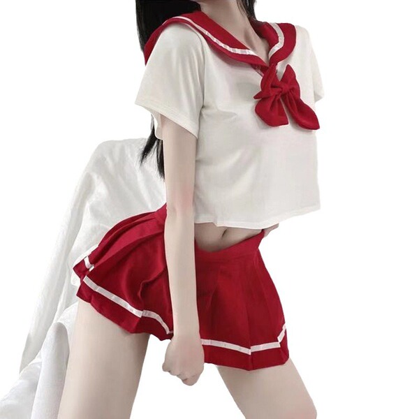 Sexy sailor outfit lingerie set with red bow and pleated skirt, cute pure & tempting schoolgirl jk uniform for small busts.