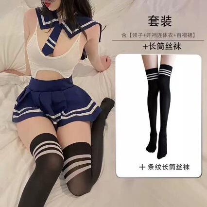 Sexy sailor schoolgirl costume set - sheer lingerie role play outfit for women featuring a sailor top, sheer stockings, and a...
