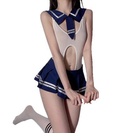 Sexy sailor schoolgirl costume set - sheer lingerie role play outfit for women featuring a navy and white sailor-style bodice...
