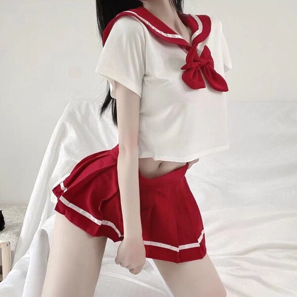 Sexy sailor schoolgirl lingerie set featuring a white top with red sailor collar and matching pleated skirt, perfect for nigh...