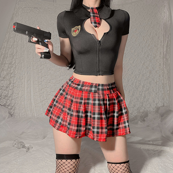 Sexy sailor uniform costume for women featuring a black crop top with plaid skirt, perfect for role play or nightclub outfits...