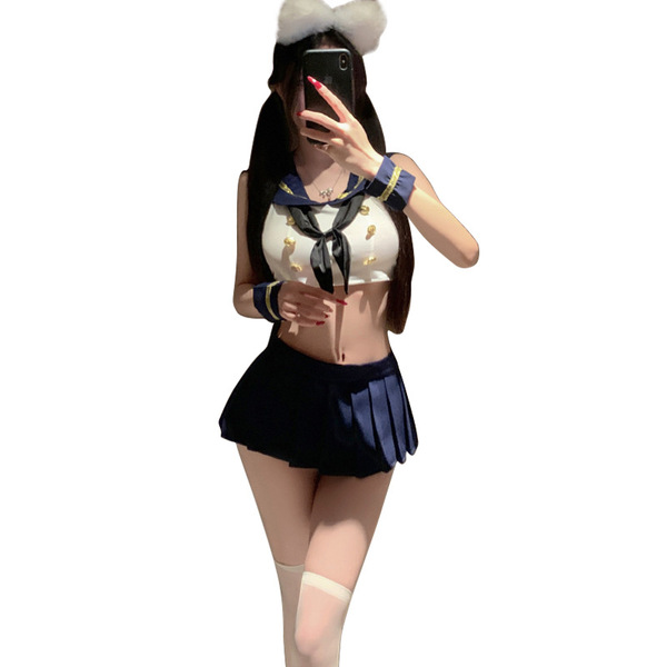 Sexy sailor uniform set for small bust - cute schoolgirl pleated skirt & top, no-remove lingerie outfit