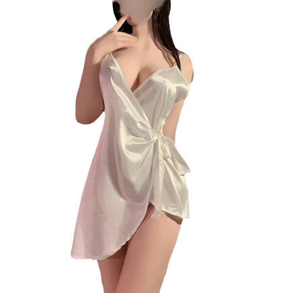 Sexy satin lace-up nightgown with v-neck design, ice silk fabric, alluring pure temptation summer sleep dress.