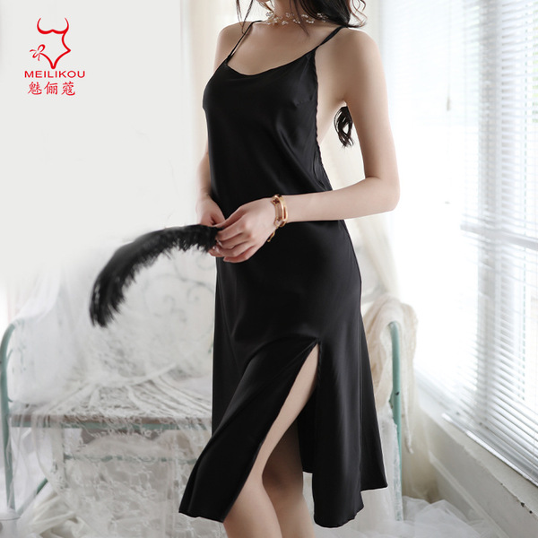Sexy satin sleep dress & robe set – slip-on sleeveless nightgown with slit skirt, luxe lingerie-inspired pajama ensemble