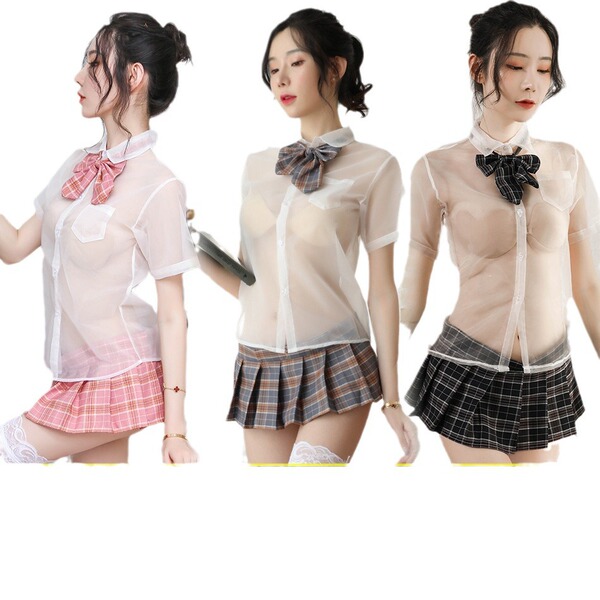 Sexy schoolgirl costume set with plaid skirt & bow—cute, seductive role play outfit for parties & cosplay.