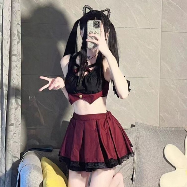 Sexy schoolgirl jk sleepwear set featuring a cute pure temptation short skirt with black lace trim, perfect for small bust en...
