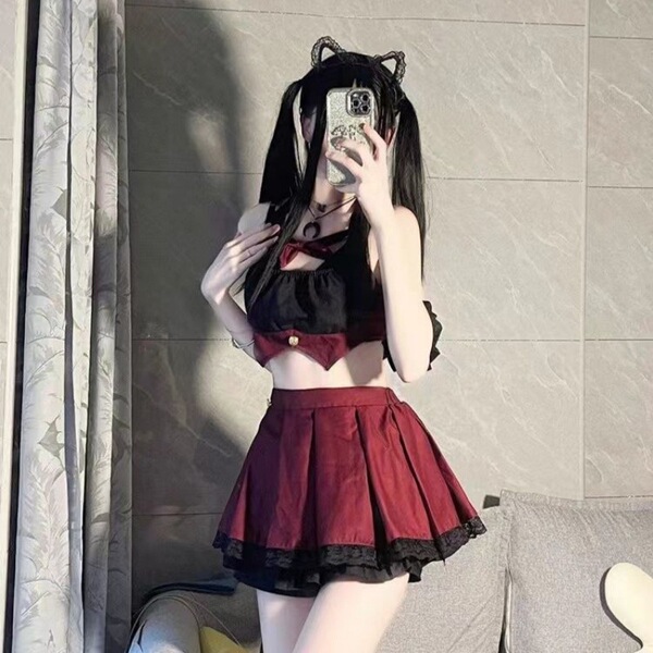 Sexy schoolgirl jk sleepwear set featuring a cute pure temptation short skirt with black lace trim, perfect for small bust en...