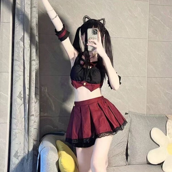 Sexy schoolgirl jk sleepwear set featuring a cute pure temptation short skirt, perfect for small bust enhancement with playfu...