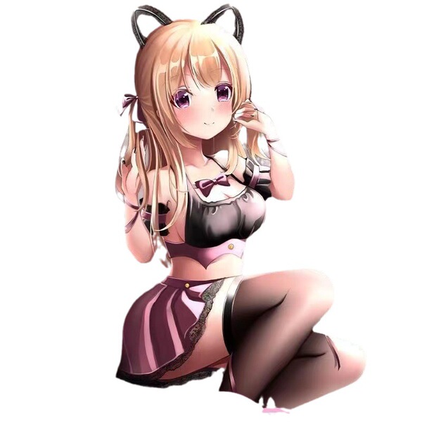 Anime-style girl wearing cute cat ears, black and pink schoolgirl sleepwear set with short skirt, perfect for small bust enha...