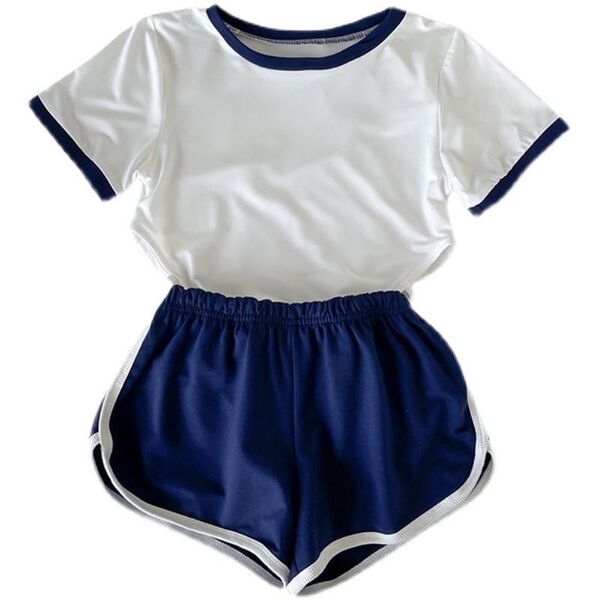 Sexy schoolgirl lingerie set featuring a white top with navy shorts, perfect for a cute and playful look.