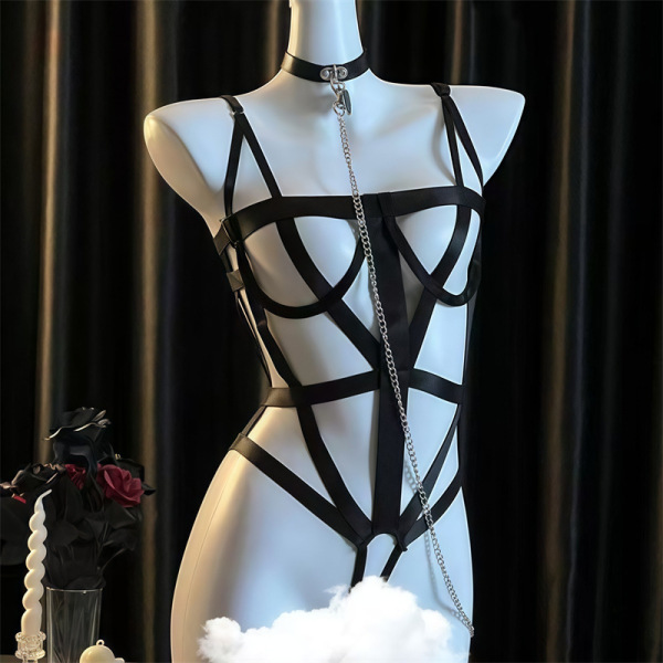 Sexy black strappy bodysuit with chains and choker for bondage role play.