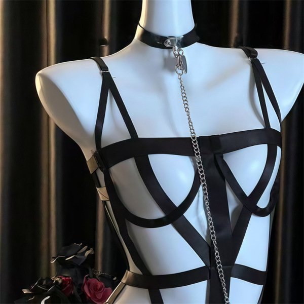 Sexy secretary costume: black strappy bodysuit with chain choker for women, bondage & role play lingerie.