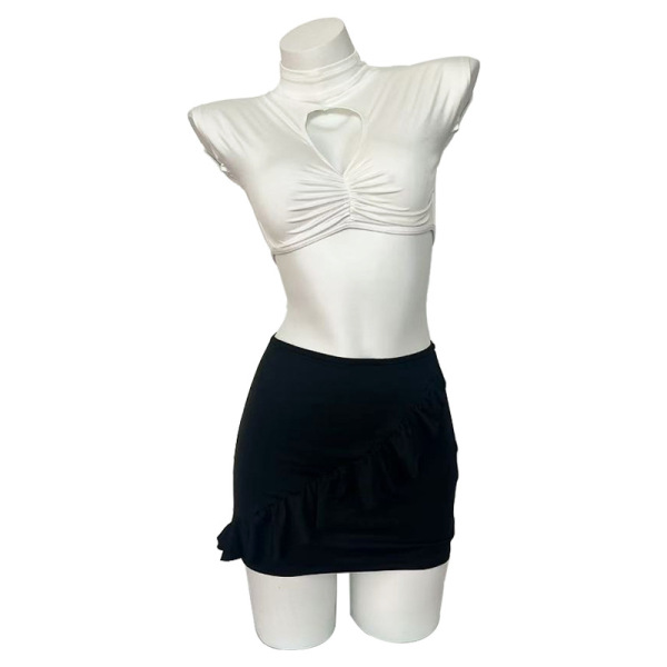 Sexy secretary costume set - elegant white top with heart design, black mini skirt, perfect for role play and seductive ol li...