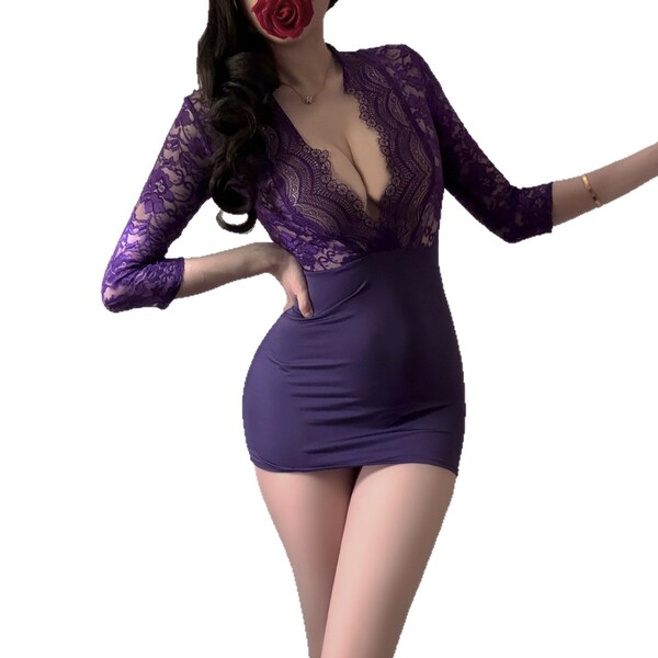 Sexy secretary ol outfit - hot tight-fit skirt bodysuit costume set for women, featuring a lace-trimmed bodysuit with plungin...
