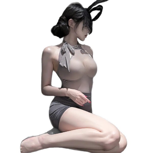 Woman kneeling in sheer bodycon skirt set with bow tie and bunny ears, flirty lingerie-inspired costume for small bust.