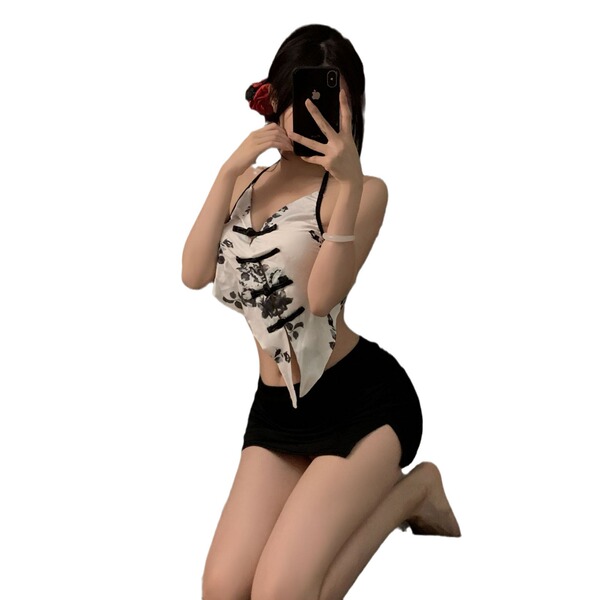 Sexy secretary outfit with halter crop top and bodycon skirt, featuring floral print and elegant design for women.