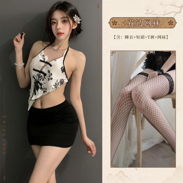Woman modeling a sexy secretary outfit with a halter crop top and black bodycon skirt, plus lace-trimmed fishnet stockings.