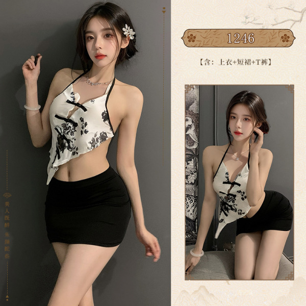 Sexy secretary outfit for women featuring a halter crop top and bodycon skirt set with -inspired lingerie design.