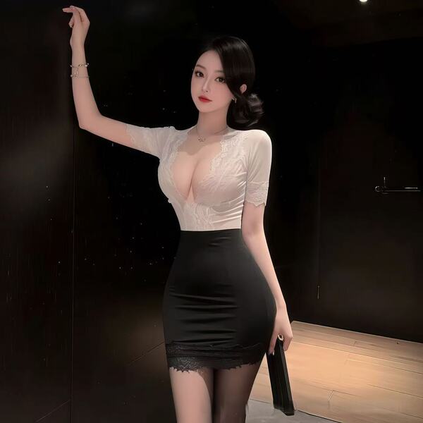 Woman in sexy secretary pencil skirt set with white lace top and black skirt, showcasing busty office chic outfit.