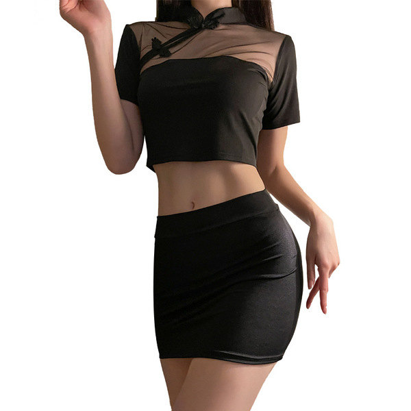 Sexy sheer cheongsam lingerie set featuring a seductive mesh bodycon mini skirt and matching top, perfect for intimate play.