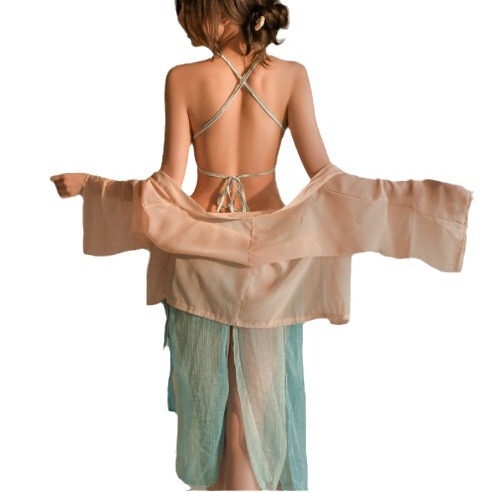 Woman wearing a sheer hanfu belly dance top with a modern guofeng dudou outer layer outfit set, featuring an open back design...