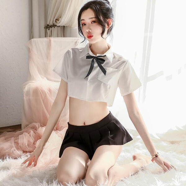 Sexy sheer white jk uniform shirt with bow, paired with black pleated skirt — no-remove design for college-style allure.