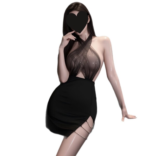 Sexy sheer halter bodycon dress with black skirt and sparkling details, designed as seductive no-remove sleepwear for women.