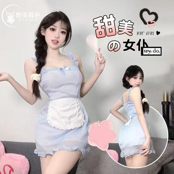 Sexy sheer japanese maid costume dress with apron - cute cosplay outfit for women